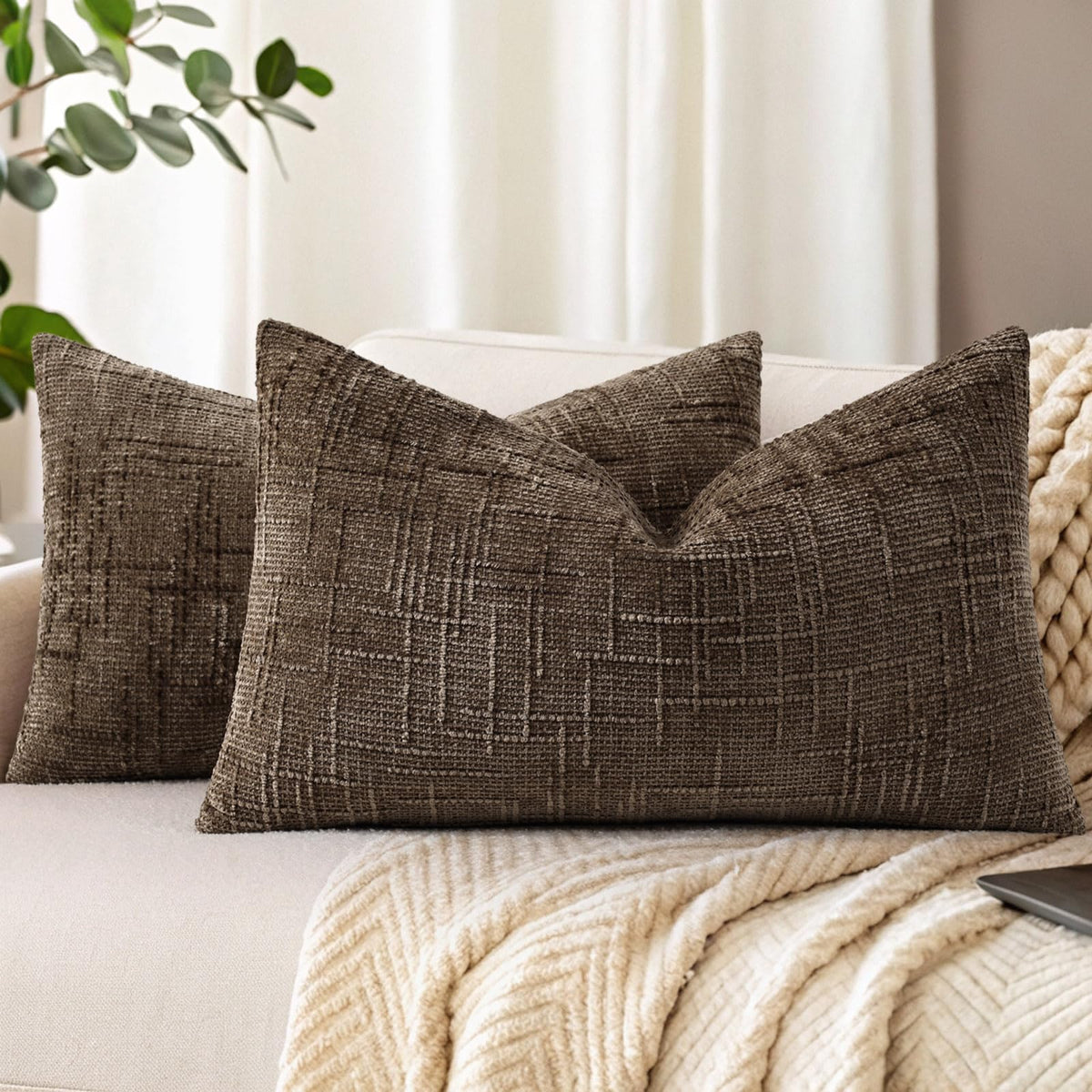 decorUhome Textured Chenille Throw Pillow Covers 18x18 Set of 2 Cream White