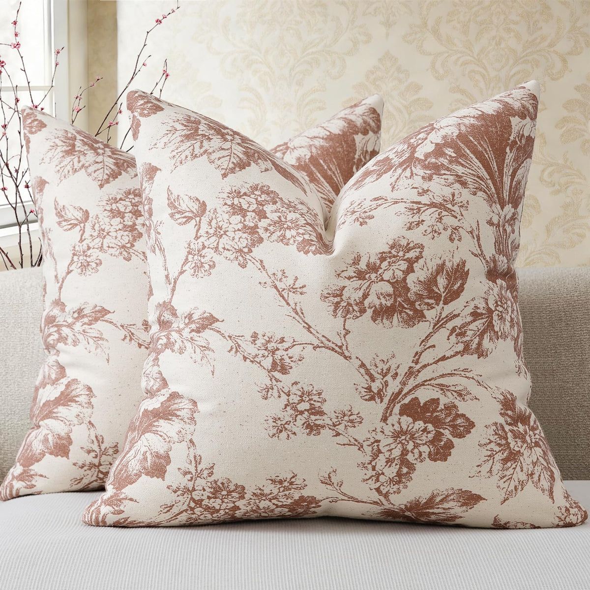 Buenohuas Farmhouse Decorative Pillow Covers 18x18 Set of 2, Vintage Botanical Floral Patterned Cushion Covers for Sofa Couch Chair Bed Living Room Home Decor Accents, Olive Green
