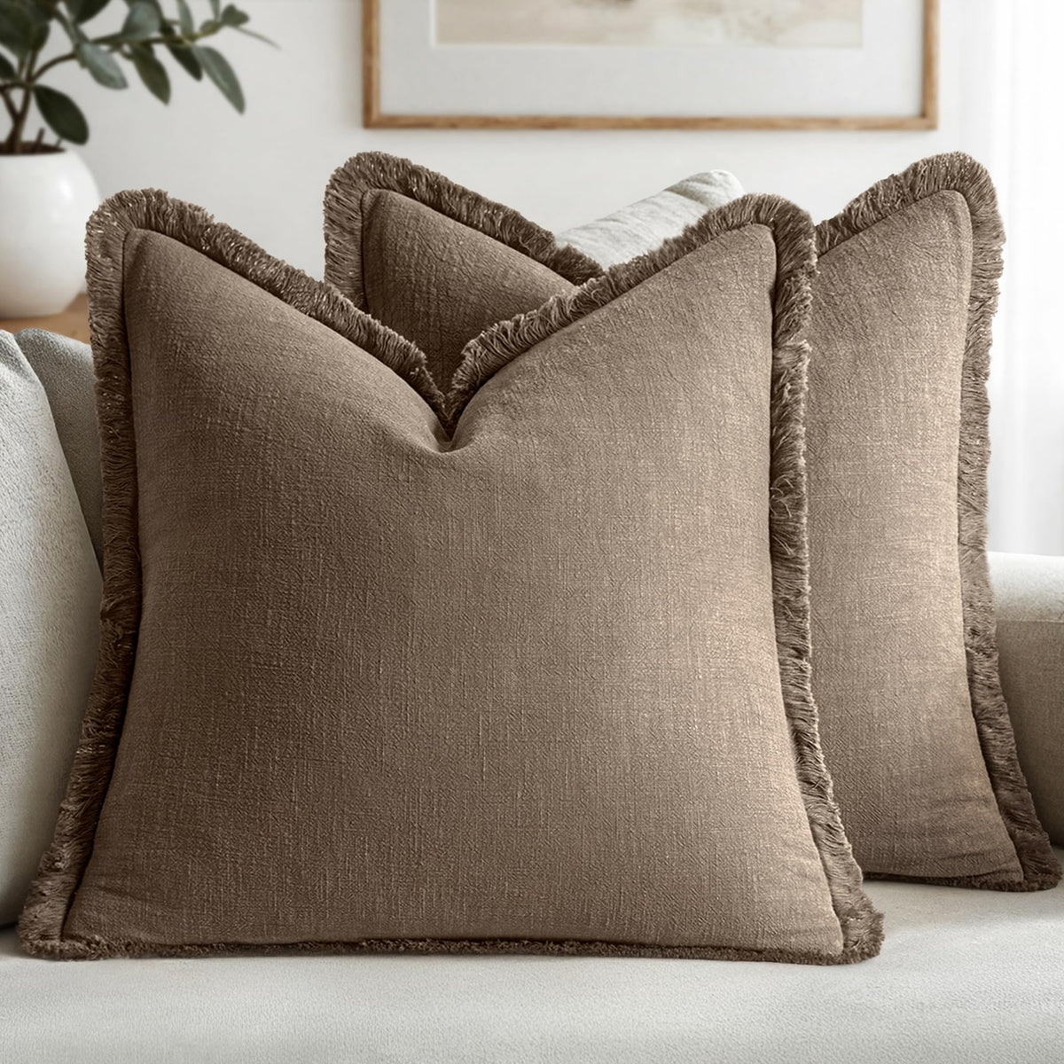 MIULEE Linen Fringe Decorative Throw Pillow Covers Natural Beige 20x20