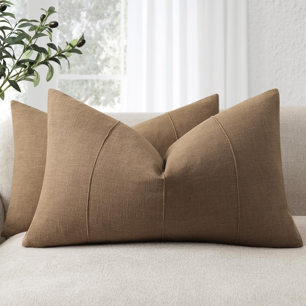 Decorative Linen Throw Pillow Covers 18x18 Set of 2 Solid handcrafted Striped Cushion Covers for Bed Soft Modern Farmhouse Neutral Pillowcase for Couch Bedroom Living Room Home Decor(Natural Beige)