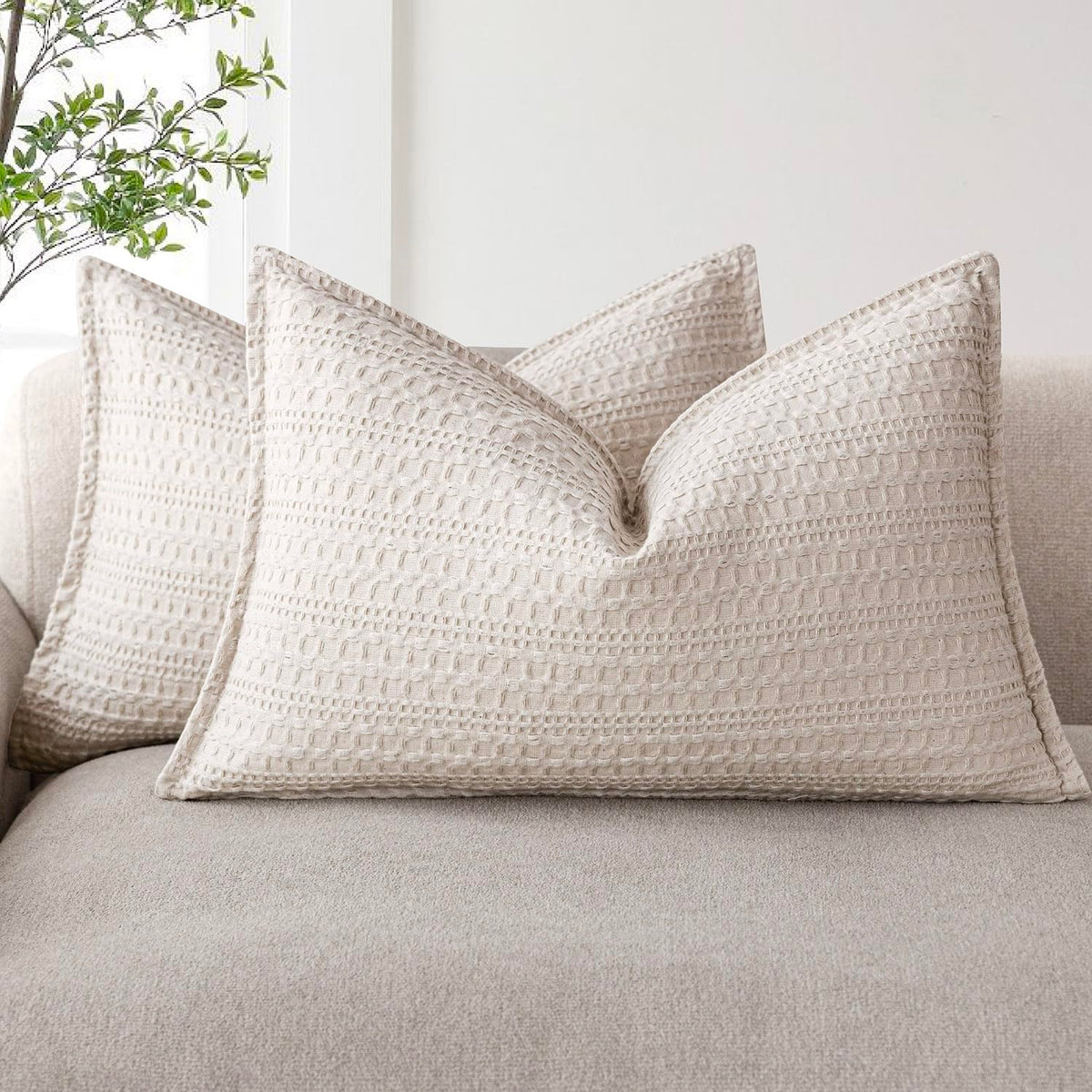 Foindtower Set of 2 Decorative Cotton Waffle Weave Textured Throw Pillow Covers Euro Sham Cushion Covers Accent European Pillowcase For Bed Couch Sofa Bedroom Living Room Home Decor 18×18 Inch Oatmeal