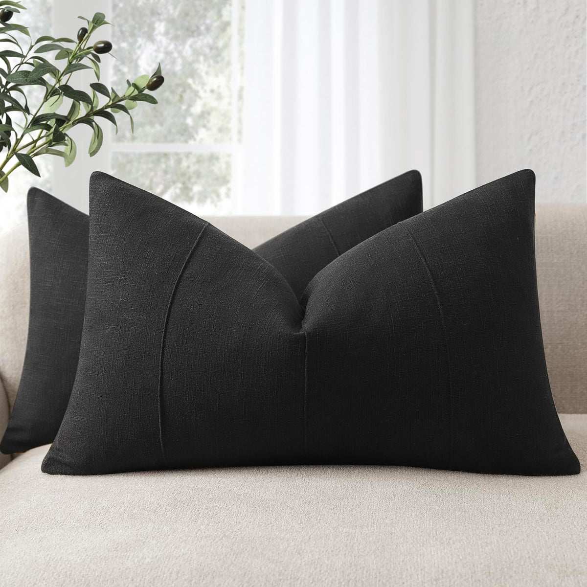 Decorative Linen Throw Pillow Covers 18x18 Set of 2 Solid handcrafted Striped Cushion Covers for Bed Soft Modern Farmhouse Neutral Pillowcase for Couch Bedroom Living Room Home Decor(Natural Beige)