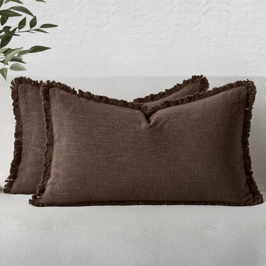MIULEE Linen Fringe Decorative Throw Pillow Covers Natural Beige 20x20