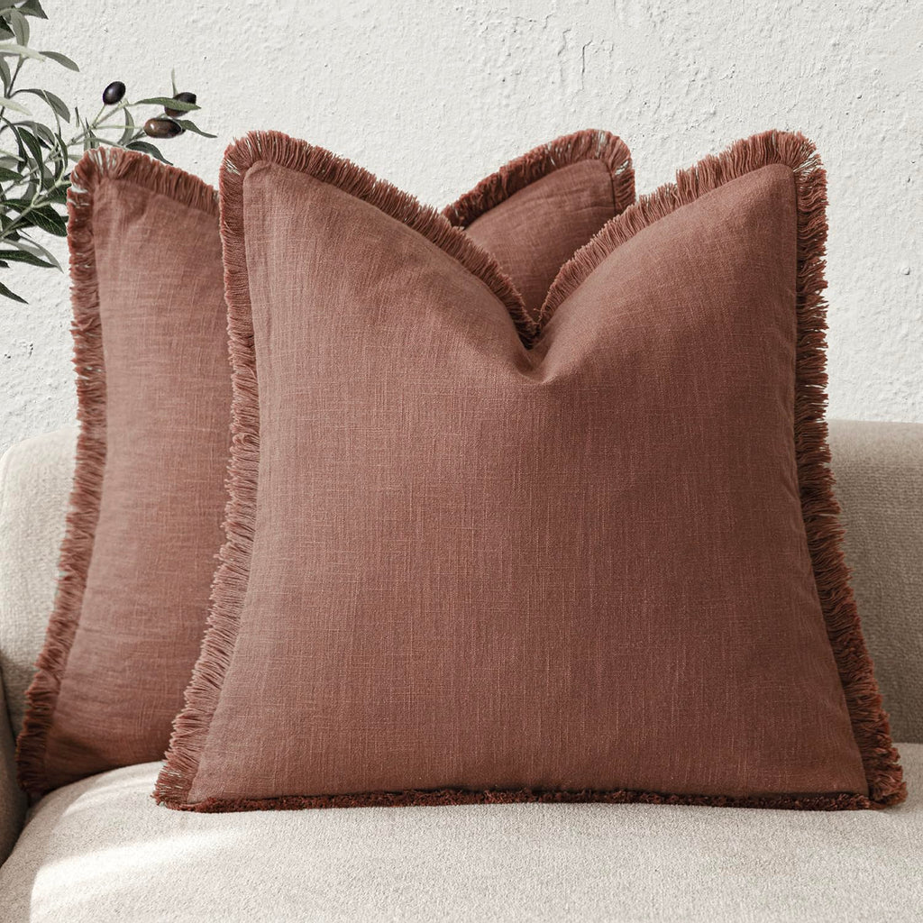 Foindtower Decorative Linen Fringe Throw Pillow Covers 20×20 Inch,Beige