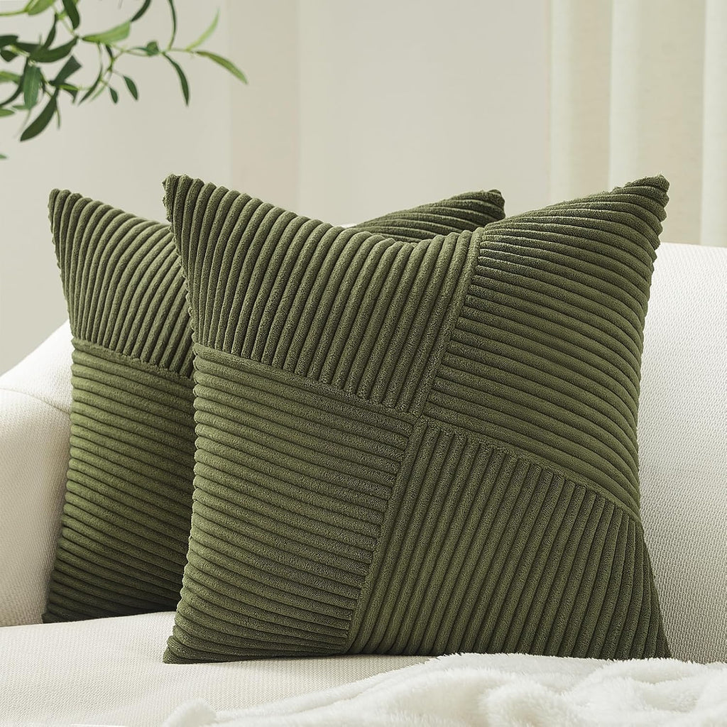 Topfinel Olive Green Decorative Throw Pillow Covers Set of 2 18x18 Inches for Couch Bed Sofa, Boho Aesthetic Home Decor, Soft Corduroy Striped Patchwork Windmill Textured Cushion Cases 45x45 cm