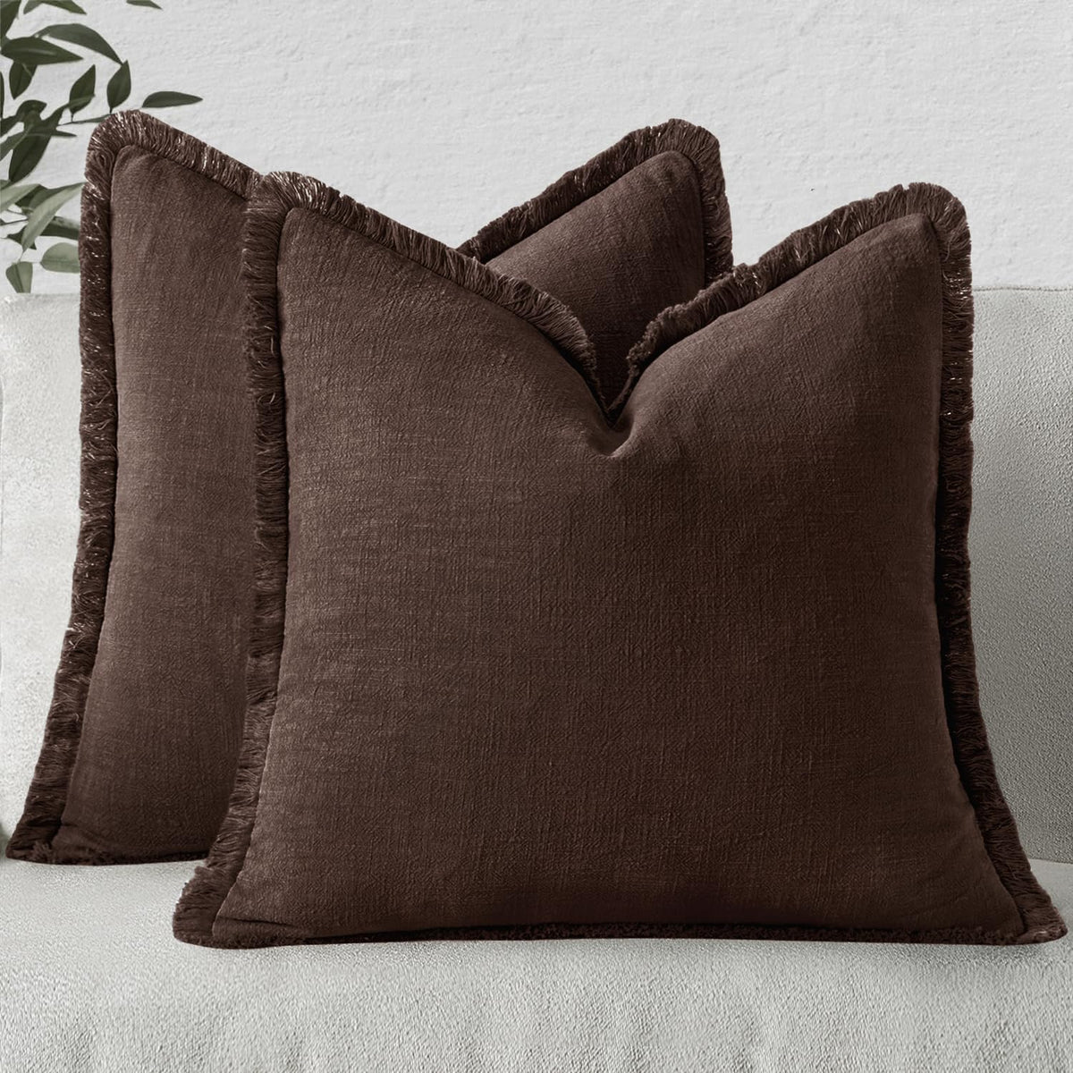 MIULEE Linen Fringe Decorative Throw Pillow Covers Natural Beige 20x20