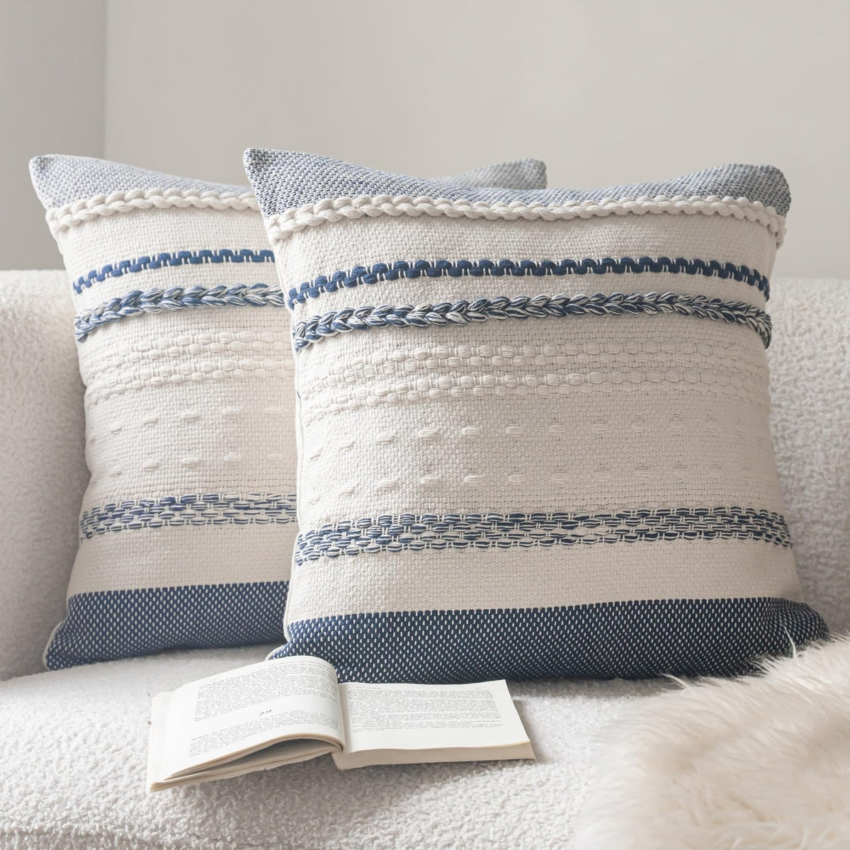 Cethom Boho Throw Pillow Covers 20x20 Inch Set of 2, Blue Textured Decorative Couch Pillow Cases for Farmhouse Home Decor, Accent Cushion Cover for Sofa, Bed, Living Room, Bedroom
