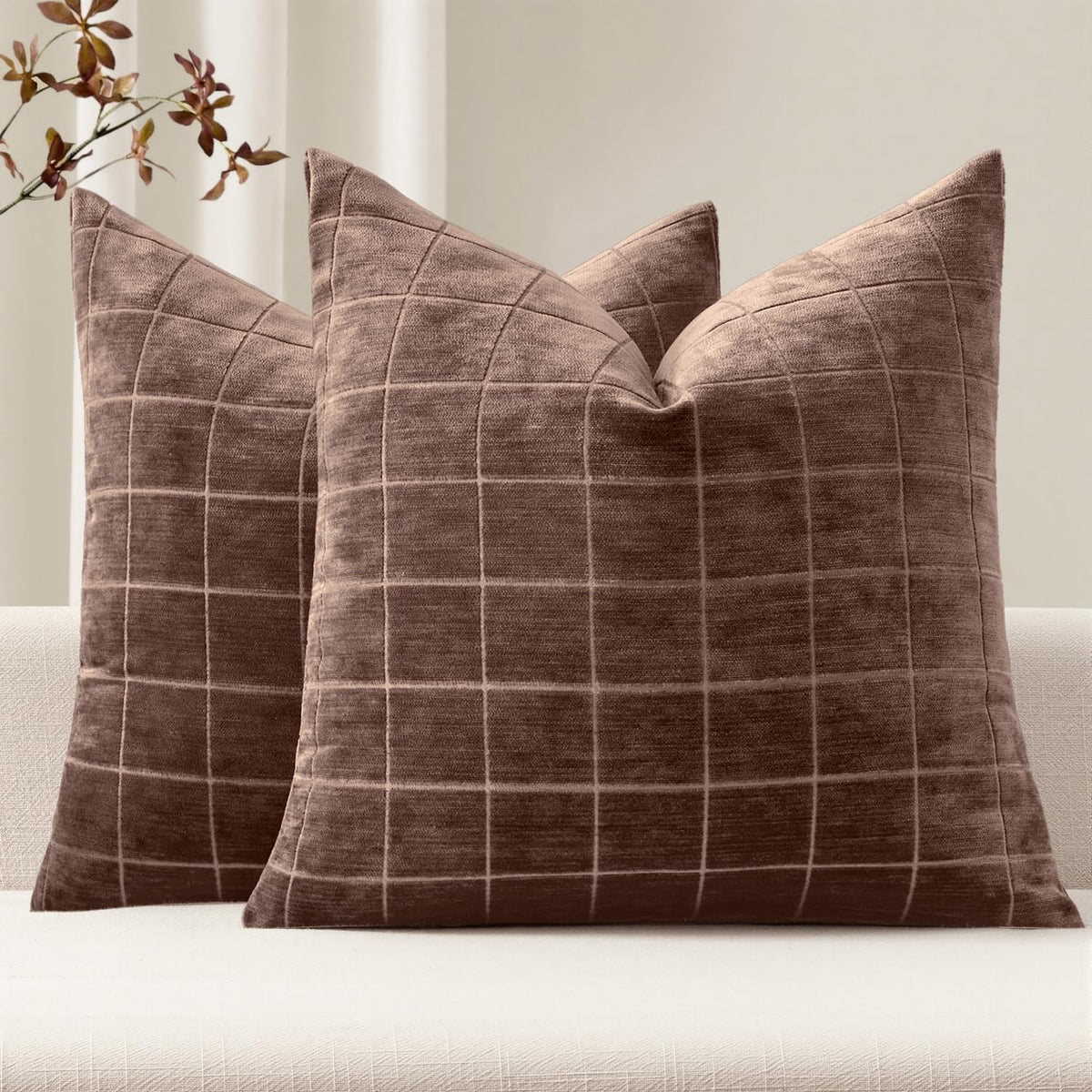 MIULEE Taupe Grey Plaid Decorative Fall Throw Pillow Covers 20x20 Set of 2
