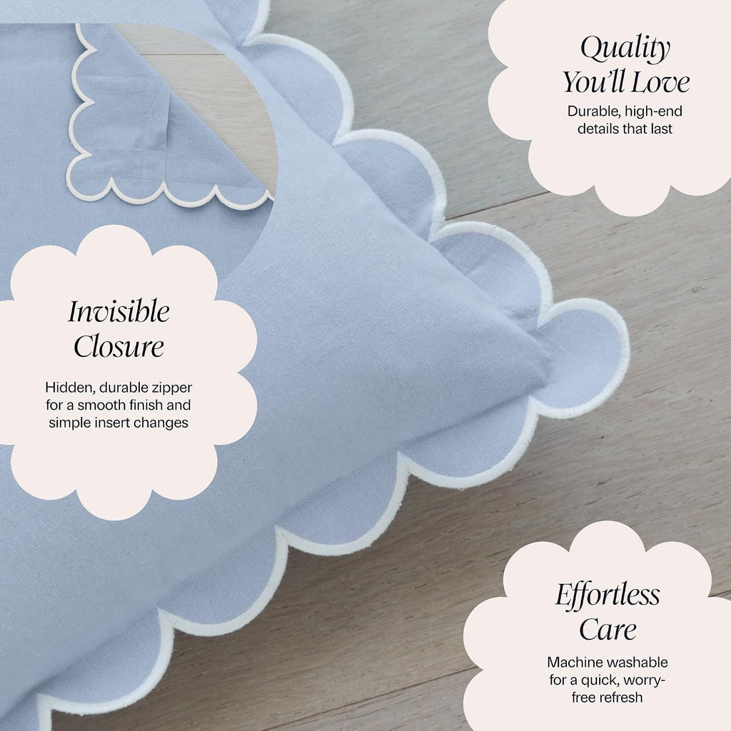 BEBE BASK Scalloped Pillow Cover Set of 2, 18x18, Cotton - Sky Blue/White