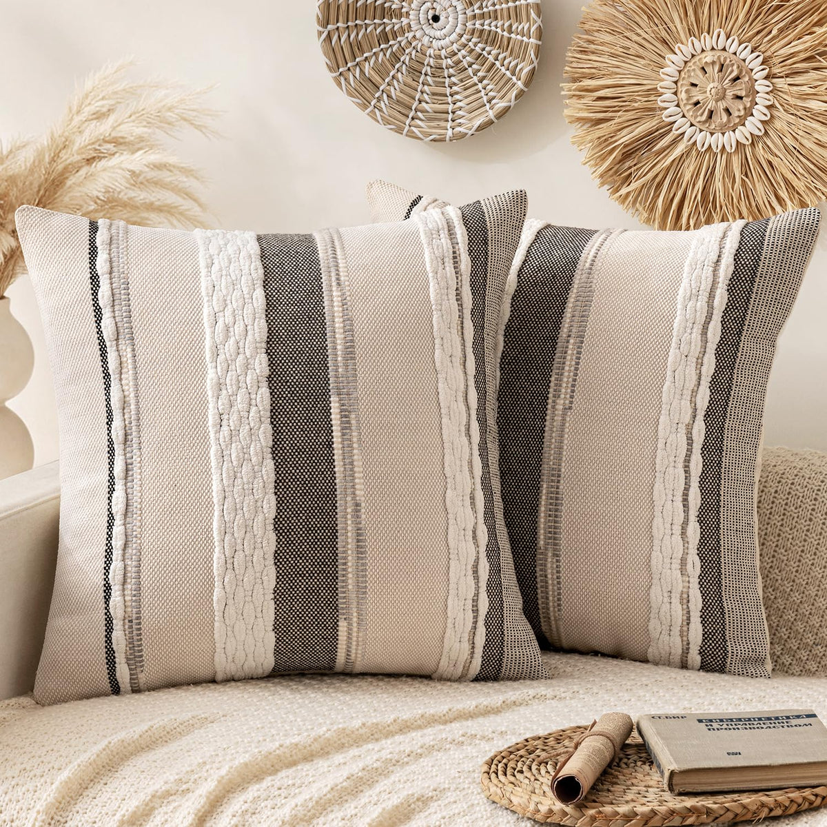 ANRODUO Boho Decorative Pillow Covers Olive Green Stripe 18x18 Pack of 2