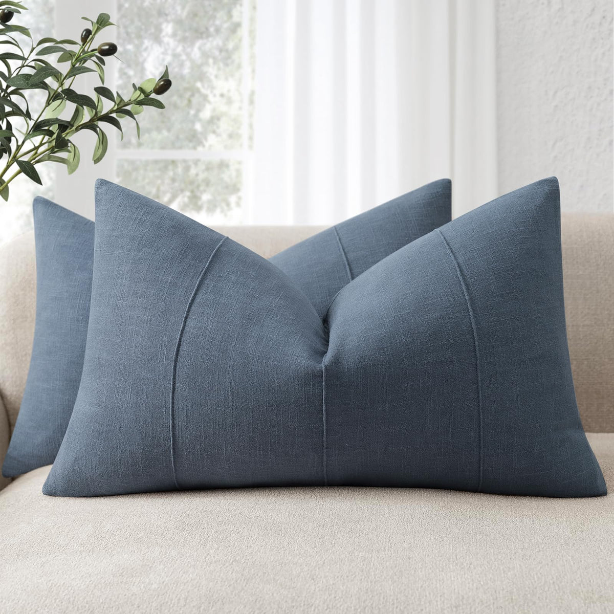 Decorative Linen Throw Pillow Covers 18x18 Set of 2 Solid handcrafted Striped Cushion Covers for Bed Soft Modern Farmhouse Neutral Pillowcase for Couch Bedroom Living Room Home Decor(Natural Beige)