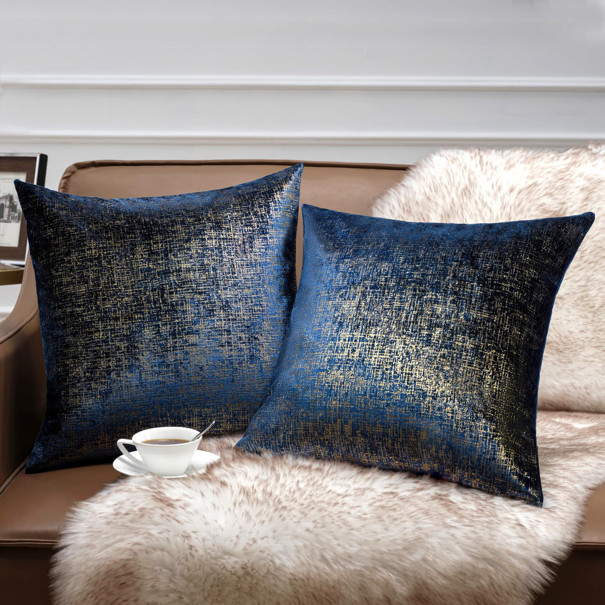 Phantoscope Pack of 2 Sparkling Velvet Geometric-pattern Throw Decorative Pillow Cover Soft Gold Glitter Square Cushion Cover Pillowcase for Couch Bed and Chair, Dark Brown, 18 x 18 inches, 45 x 45 cm