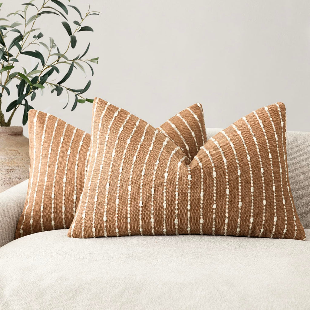 Foindtower Decorative Striped Boucle Throw Pillow Covers 20x20 Inch Camel