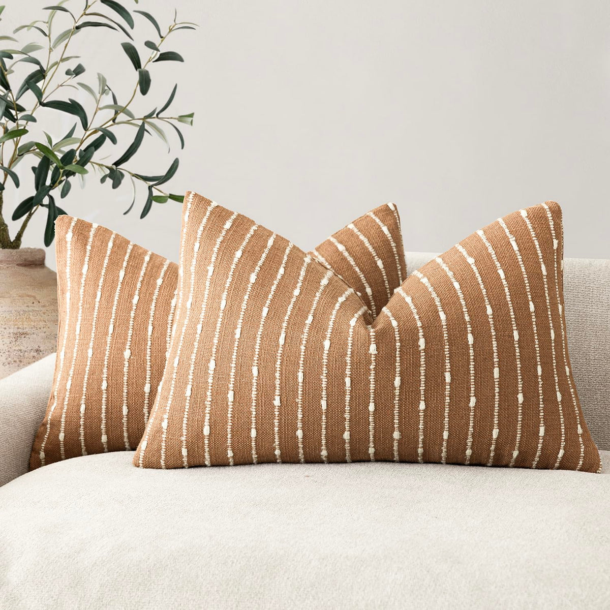 Foindtower Decorative Striped Boucle Throw Pillow Covers 20x20 Inch Camel