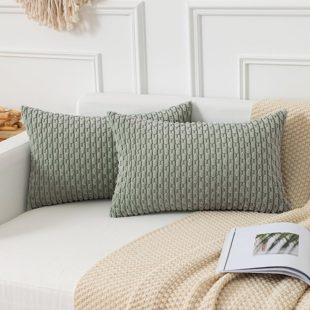 Kevin Textile Soft Corduroy 18x18 Inch Pillow Covers 2 Pack, Sage Green