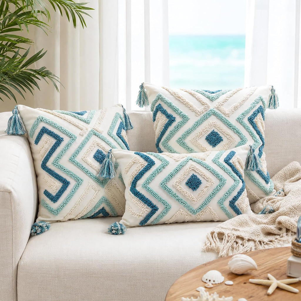 Lumbar Boho Pillow Covers 12x20 Tufted Teal for Couch Bed Teal