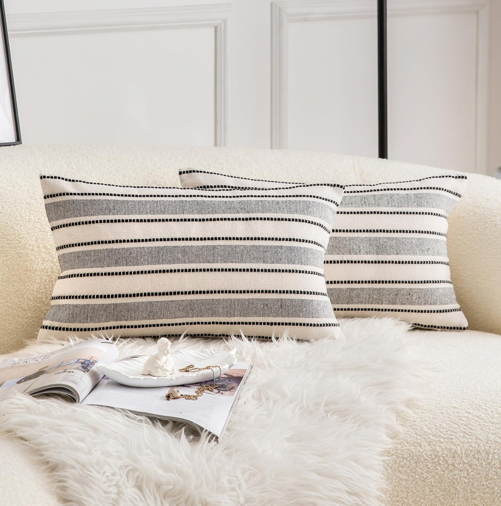Cethom Decorative Boho Throw Pillow Covers, Farmhouse Textured Pillow Case, 20 x 20 Inch Set of 2, Chair Sofa Bedroom Living Room Home Decor Couch Cushion Case, Classic Blue and Beige Striped