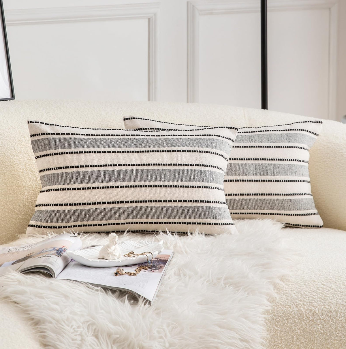 Cethom Decorative Boho Throw Pillow Covers, Farmhouse Textured Pillow Case, 20 x 20 Inch Set of 2, Chair Sofa Bedroom Living Room Home Decor Couch Cushion Case, Classic Blue and Beige Striped