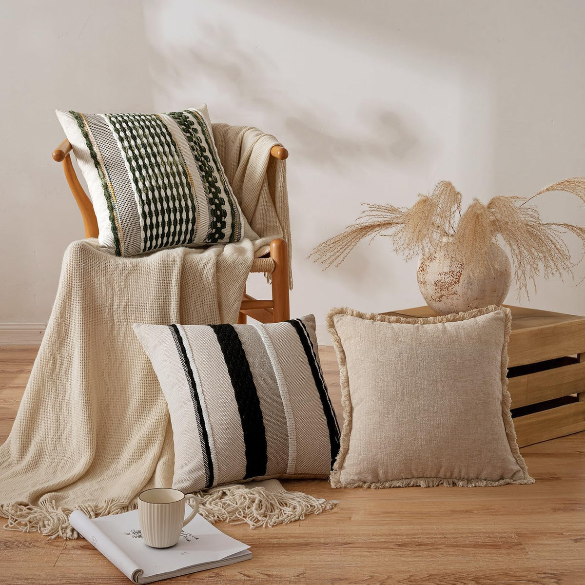 ANRODUO Boho Decorative Pillow Covers Olive Green Stripe 18x18 Pack of 2