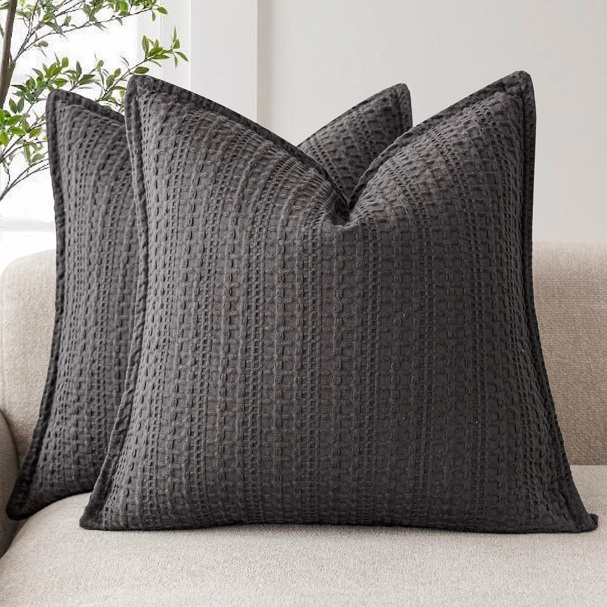 Foindtower Set of 2 Decorative Cotton Waffle Weave Textured Throw Pillow Covers Euro Sham Cushion Covers Accent European Pillowcase For Bed Couch Sofa Bedroom Living Room Home Decor 18×18 Inch Oatmeal