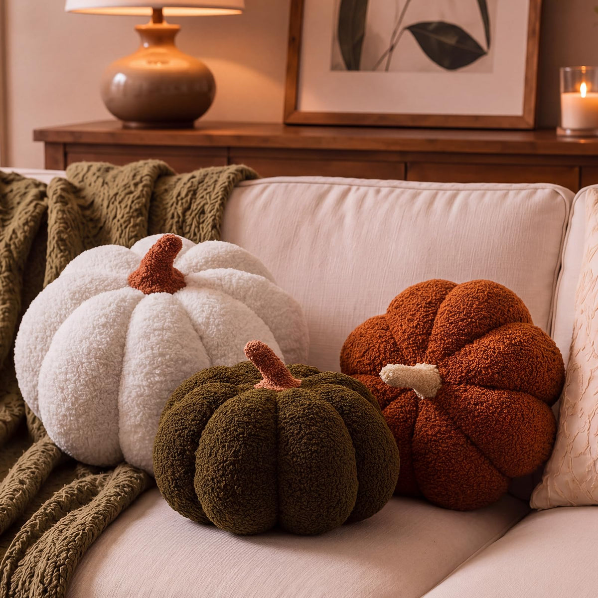 Juexica 3 Pcs Stuffed Pumpkin Pillows Fall Decor Cushions,Cool Neutral