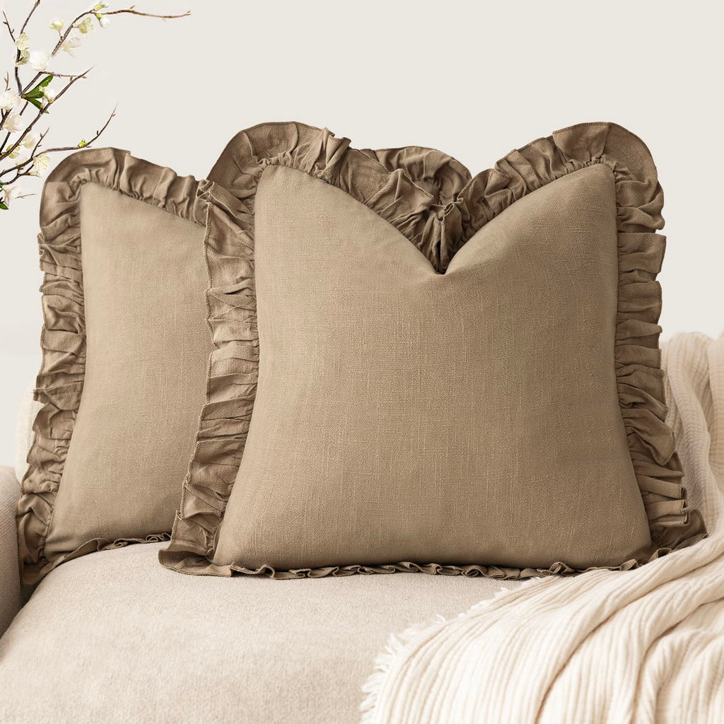 Foindtower Set of 2 Decorative Soild Fringe Ruffle Throw Pillow Covers Soft Boho Farmhouse Cushion Cover Cozy Accent Retro Pillowcase for Couch Sofa Bed Living Room Home Decor,20×20 Inch,Natural Beige