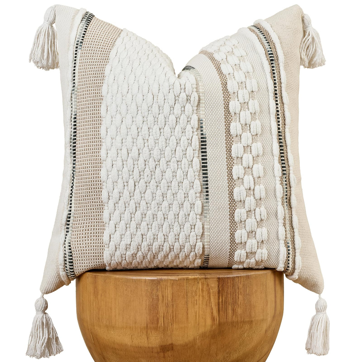 AmHoo Set of 2 Chenille Striped Textured Boho Throw Pillow Covers Aesthetic with Tassels Woven Decorative Pillow Case for Couch Bed Sofa Bedroom Modern Funky 18 x 18-Inch Brown