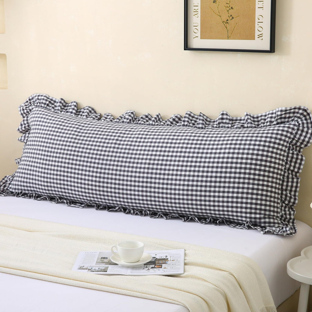 Gingham Throw Pillow Covers 18x18, Warm Taupe/White, Ruffle Trim