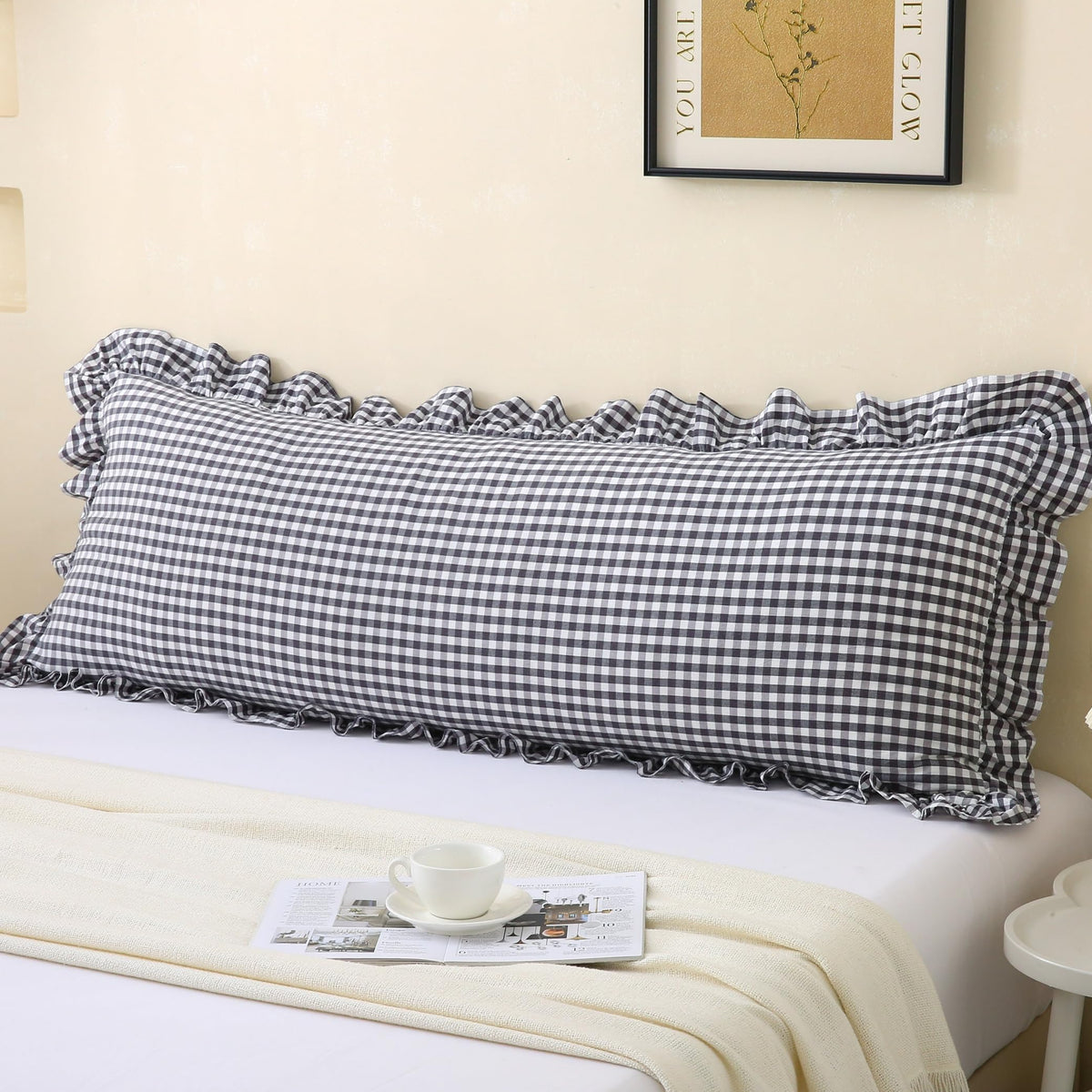 Gingham Throw Pillow Covers 18x18, Warm Taupe/White, Ruffle Trim