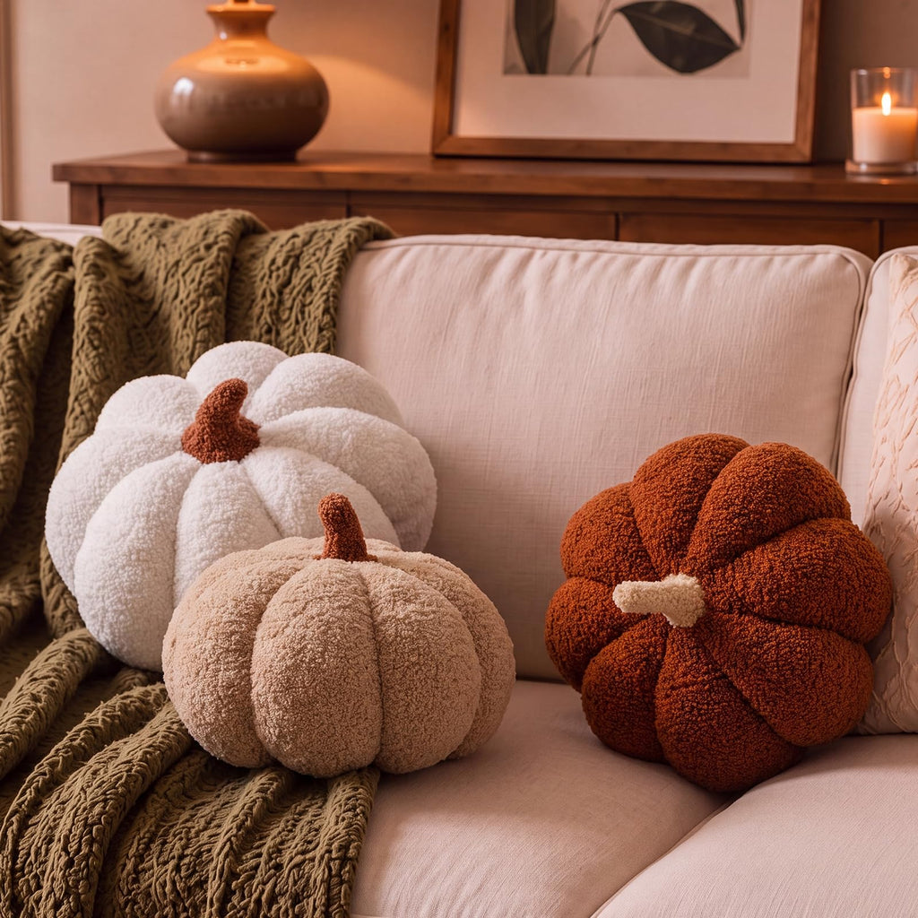 Juexica 3 Pcs Stuffed Pumpkin Pillows Fall Decor Cushions,Cool Neutral