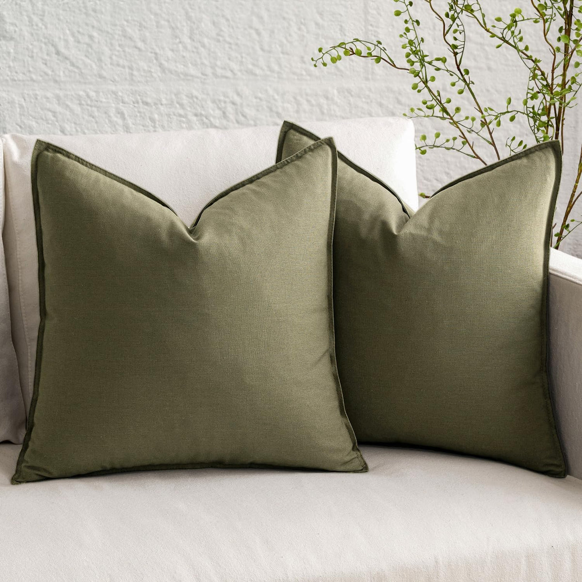 MIULEE Pack of 2 Decorative Linen Pillow Covers 18x18 Inch Olive Green