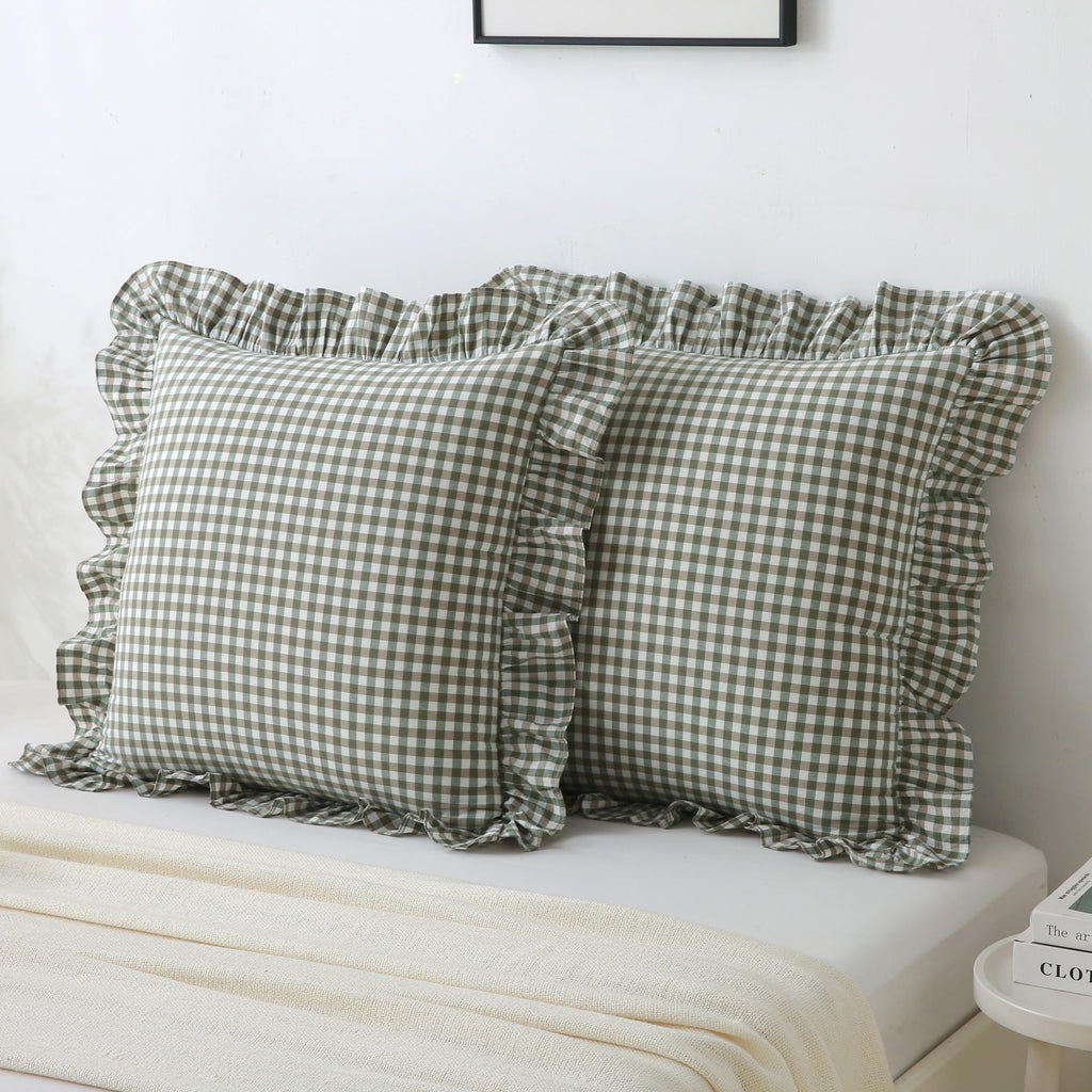 Gingham Throw Pillow Covers 18x18, Warm Taupe/White, Ruffle Trim