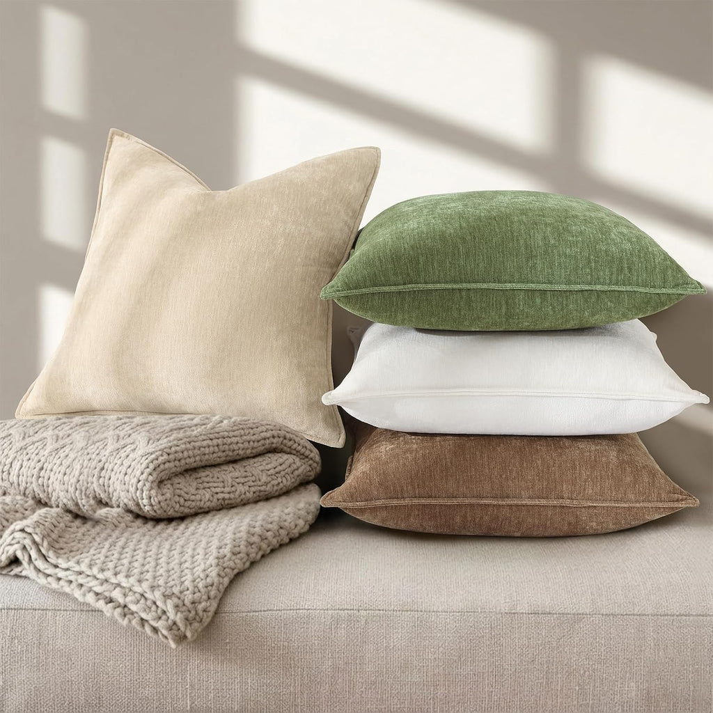 decorUhome Chenille Beige Velvet Throw Pillow Covers 18x18 Set of 2