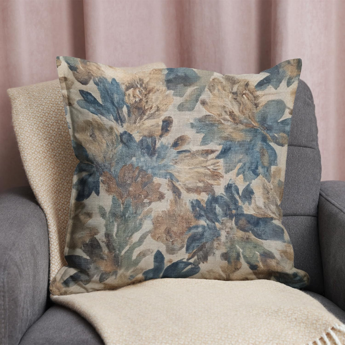 Bohemian Pillow Covers | Vintage Floral & Carpet Design | Double Sided Blue White Decorative Pillowcases for Couch, Bed | Indoor Outdoor Boho Home Decor (Blue&Brown, 18x18inches)
