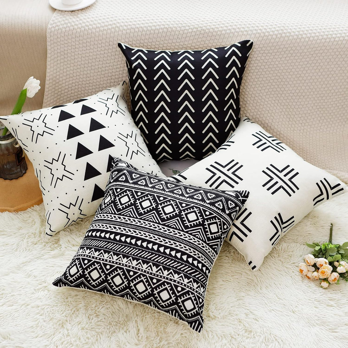 Aoomzoon Pillow Covers 18x18 Set of 4, Modern Boho Geometric Decorative Throw Pillow Covers, Cotton Linen Home Decor Cushion Cover for Couch Sofa Living Room Outdoor Car (18”x18”, Black)