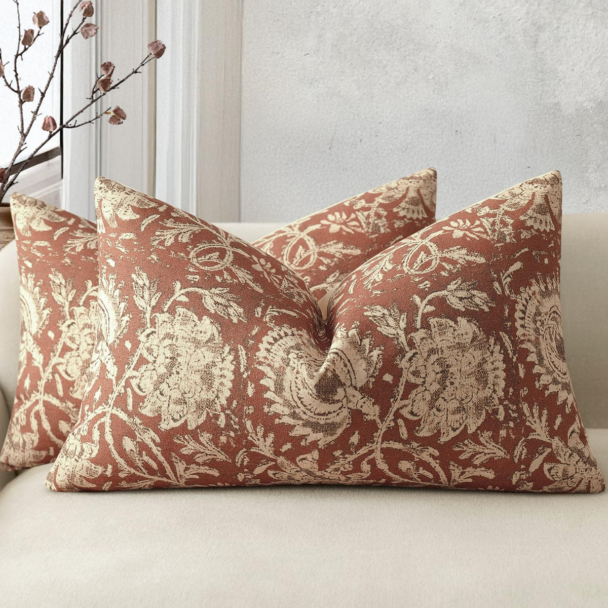 Vintage Floral Print Throw Pillow Covers 20x20 Set of 2 Neutral Modern Farmhouse Pillowcase Accent Decorative Cushion Covers Boho Home Decor for Couch Sofa Chair Bed Living Room, Olive Green