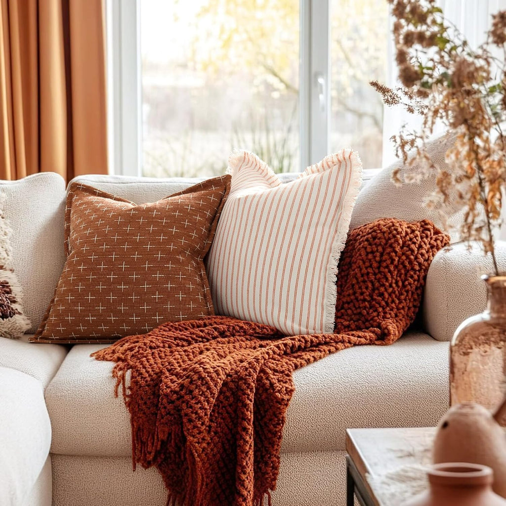 ZWJD Fall Pillow Covers 20x20 Set of 2 Soft Polyester Textured Rust Pillow Covers with Stylish Flange Edge Cozy Farmhouse Throw Pillows for Couch Bed Sofa Living Room Fall Decor