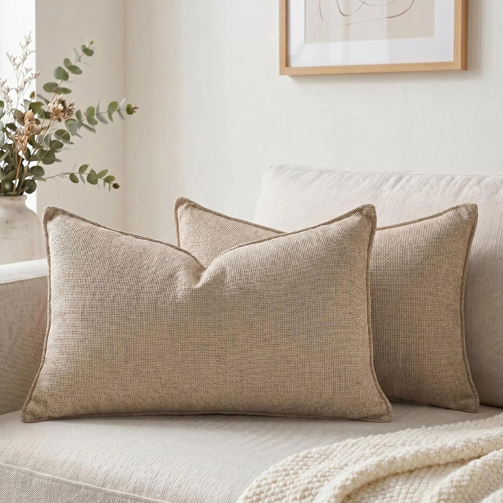 Fancy Homi Set of 2 Sage Green 12x20 Inch Soft Chenille Decorative Throw Pillow Covers with Flange Edge, Lumbar Neutral Modern Boho Textured Cushion Case Home Decor for Couch Sofa Bed Living Room