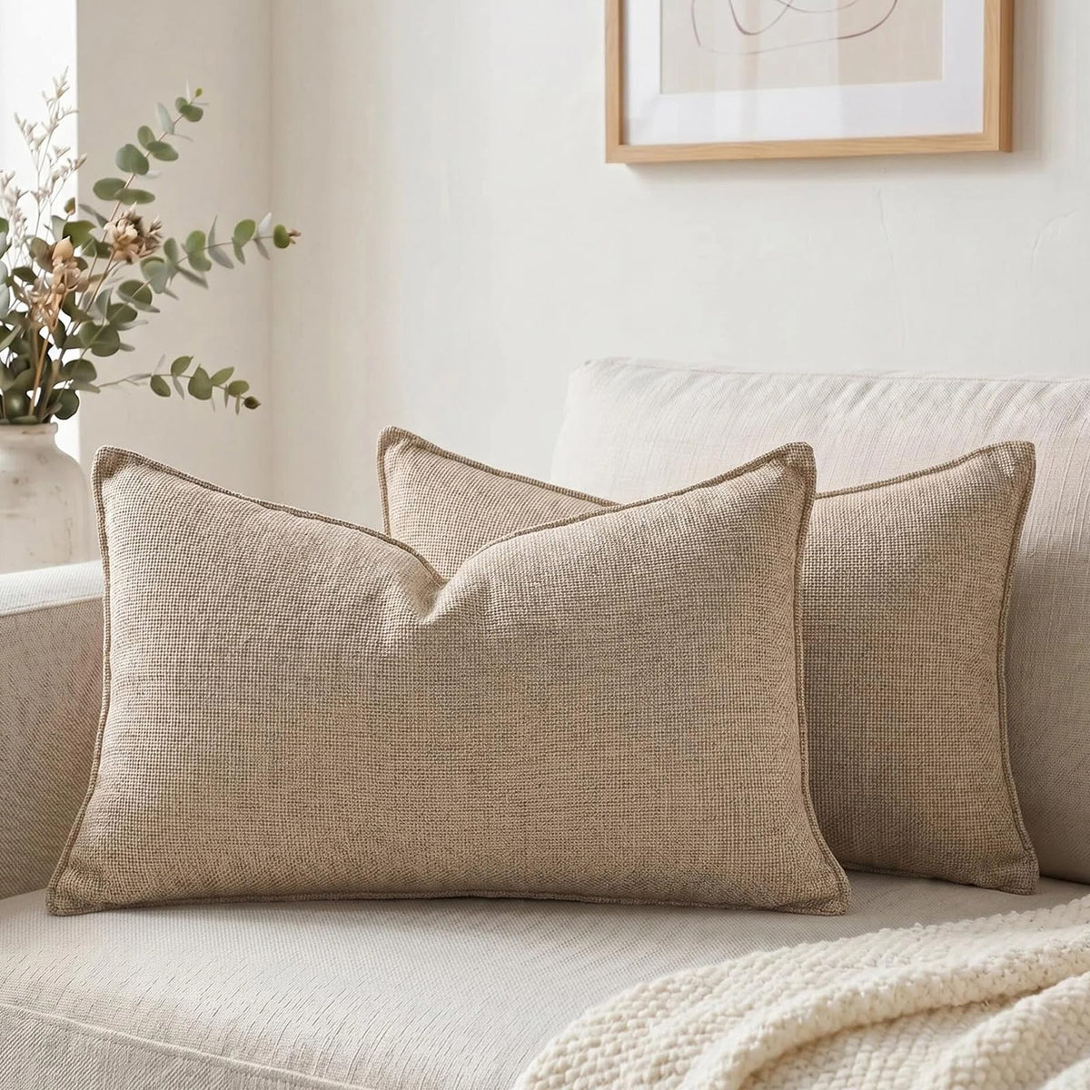 Fancy Homi Set of 2 Sage Green 12x20 Inch Soft Chenille Decorative Throw Pillow Covers with Flange Edge, Lumbar Neutral Modern Boho Textured Cushion Case Home Decor for Couch Sofa Bed Living Room