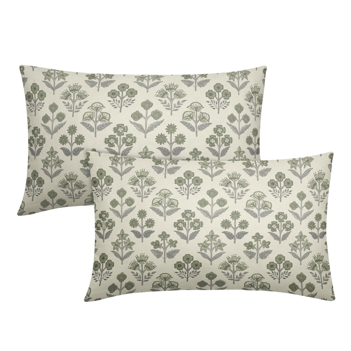 Blue Green Block Print Pillow Covers 18x18 Inch Set of 2, Vintage Floral Spring Decorative Throw Pillow Cases Boho Cushion Covers Rustic Decoration Gift Farmhouse Sofa Couch Bed Decor