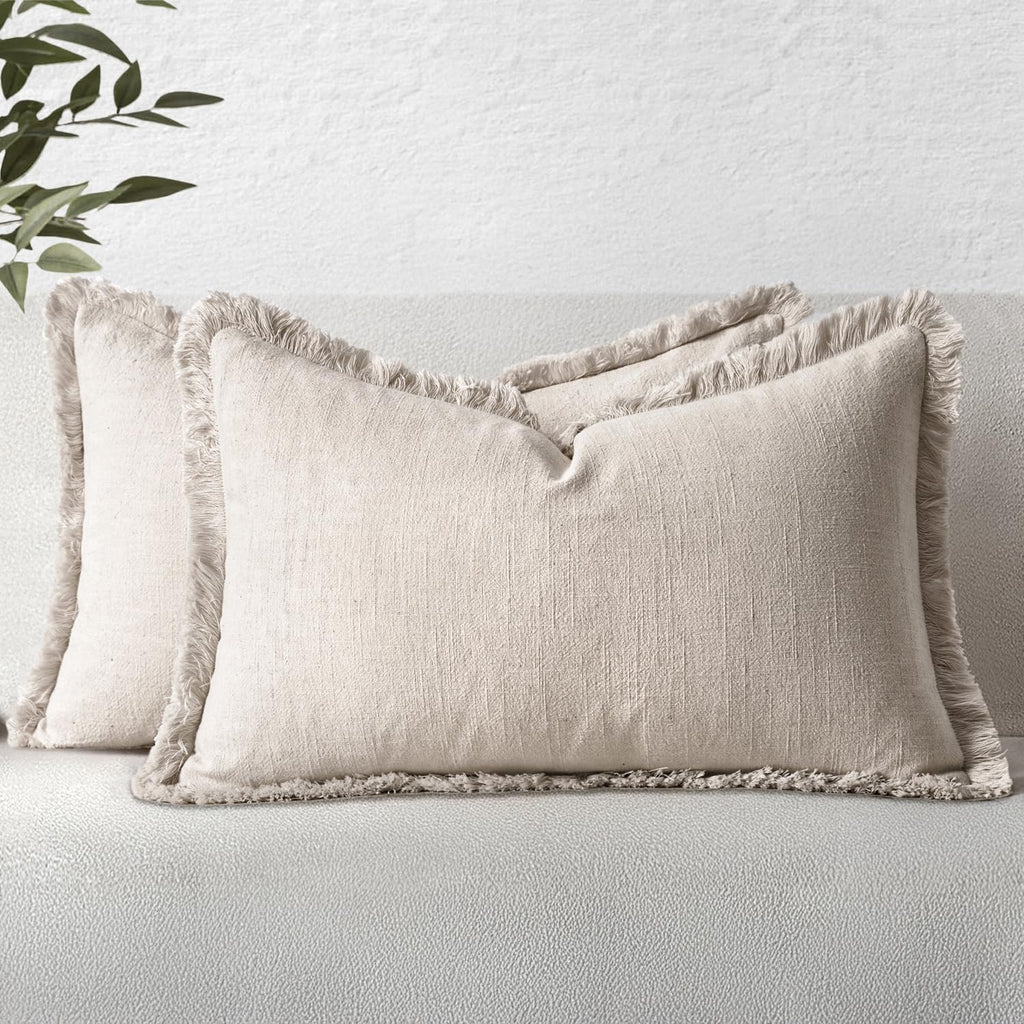 MIULEE Linen Fringe Decorative Throw Pillow Covers Natural Beige 20x20