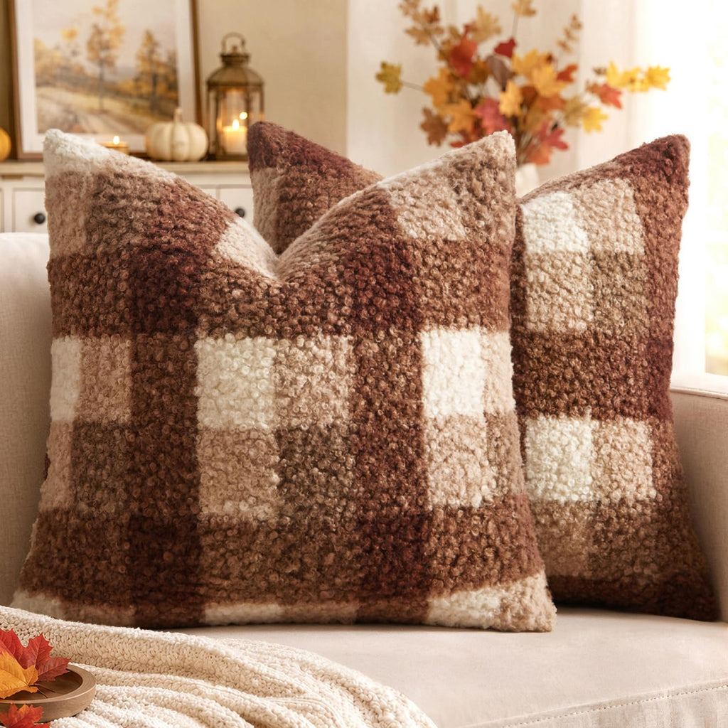 MIULEE Fall Plaid Pillow Covers Boucle Khaki White 18x18 Set of 2