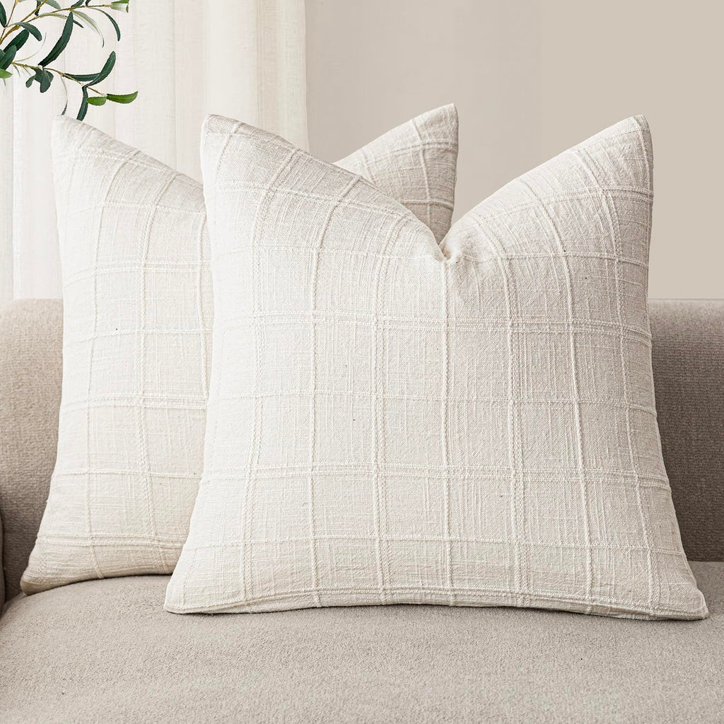 Foindtower Boho Linen Check Decorative Throw Pillow Cover 20×20 Olive Green