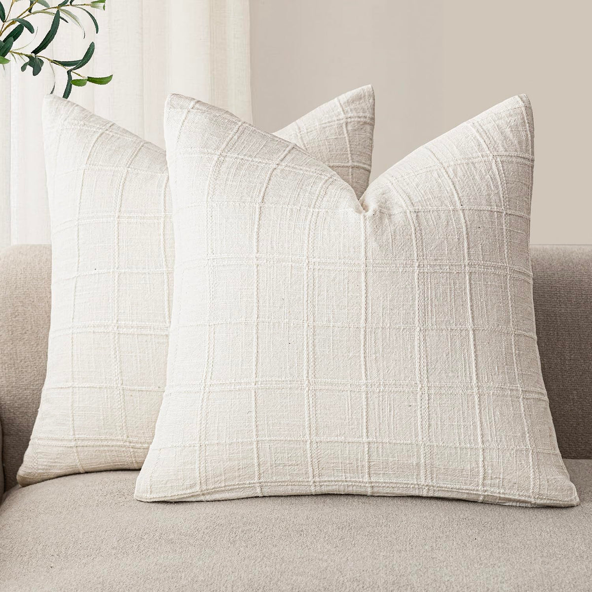 Foindtower Boho Linen Check Decorative Throw Pillow Cover 20×20 Olive Green