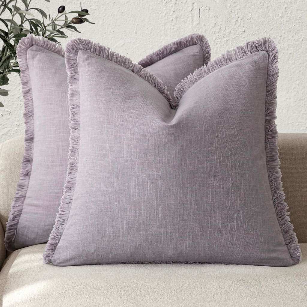 Foindtower Decorative Linen Fringe Throw Pillow Covers 20×20 Inch,Beige