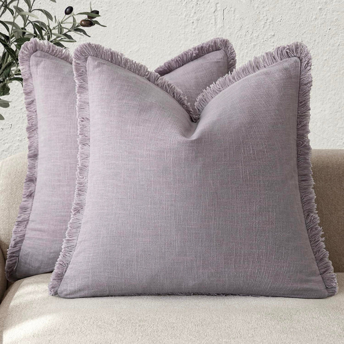Foindtower Decorative Linen Fringe Throw Pillow Covers 18×18 Olive Green