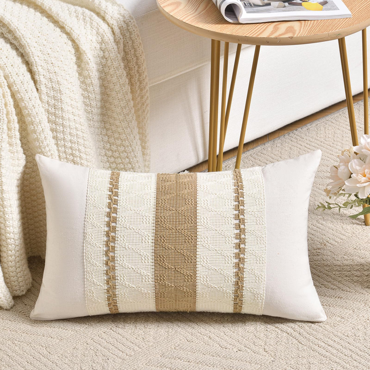 Fancy Homi Set of 1 Sage Green Boho Lumbar Decorative Throw Pillow Covers 12x20 Inch for Living Room Bedroom Couch Bed Chair, Rustic Retro Cushion Case, Bohemian Room Home Decor