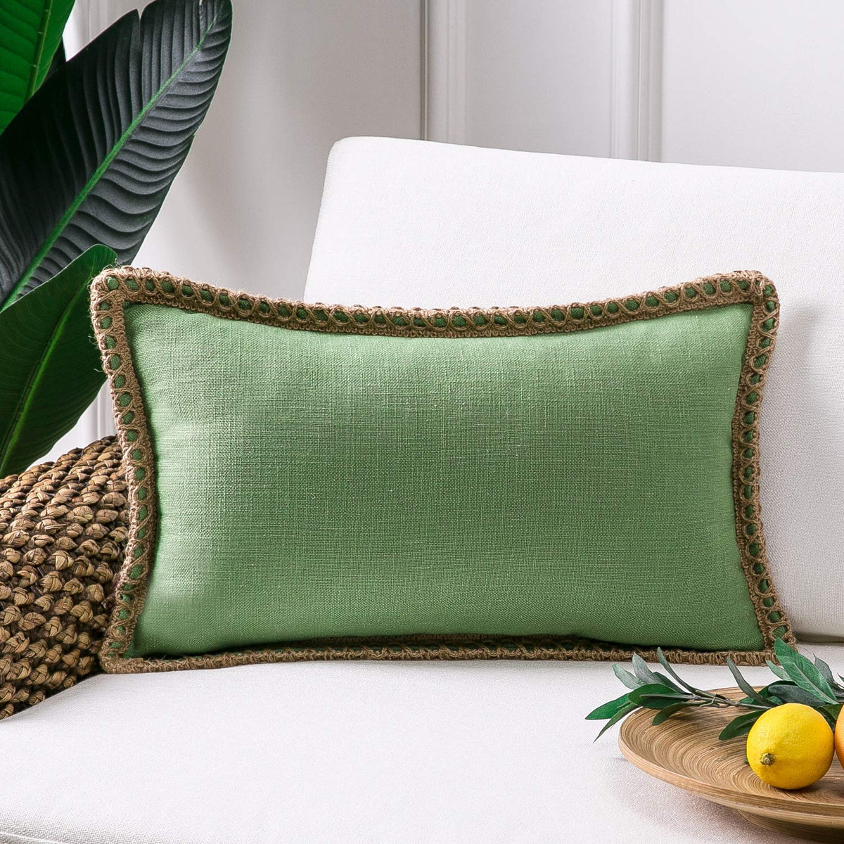 Phantoscope Pack of 2 Farmhouse Decorative Solid Throw Decorative Pillow Cover Burlap Linen Trimmed Tailored Edges Navy Blue 18 x 18 inches, 45 x 45 cm