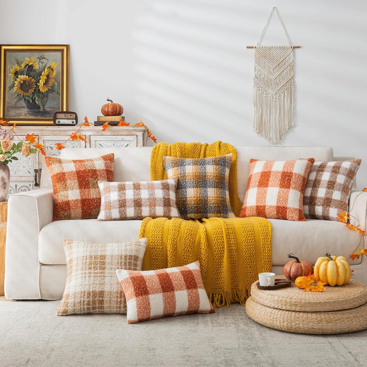 AQOTHES Plaid Fall Throw Pillow Covers Orange 18x18 Inch Set of 2