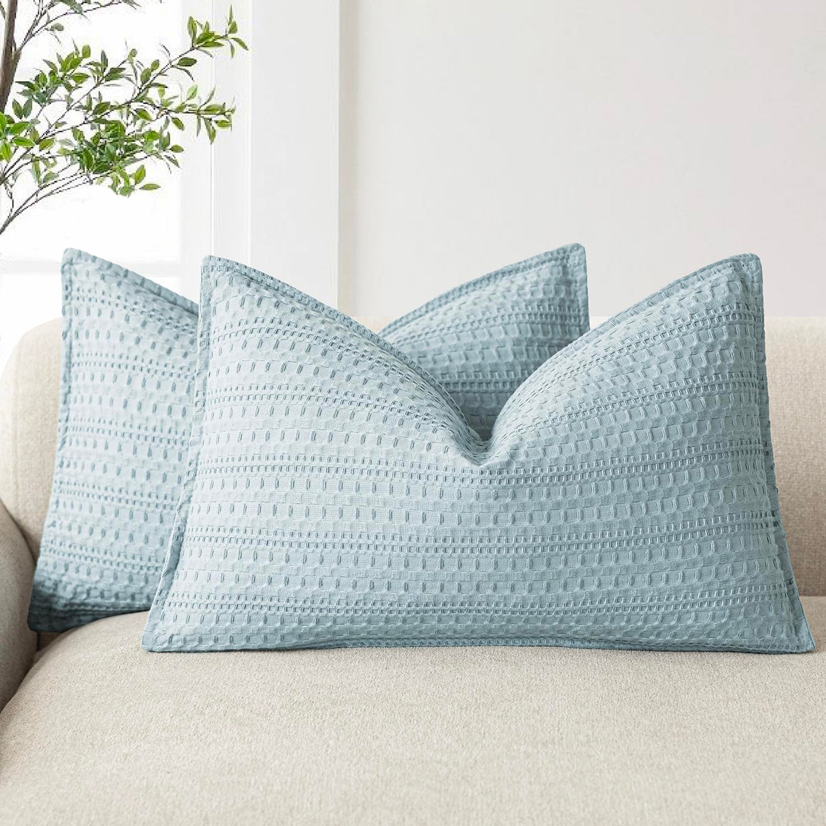 Foindtower Set of 2 Decorative Cotton Waffle Weave Textured Throw Pillow Covers Euro Sham Cushion Covers Accent European Pillowcase For Bed Couch Sofa Bedroom Living Room Home Decor 18×18 Inch Oatmeal